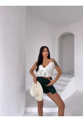 Müslin Keten Bağlama Detay Şort Zümrüt