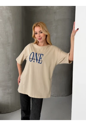 ONE Yazı Baskılı Oversize Kadın Tişört Bej