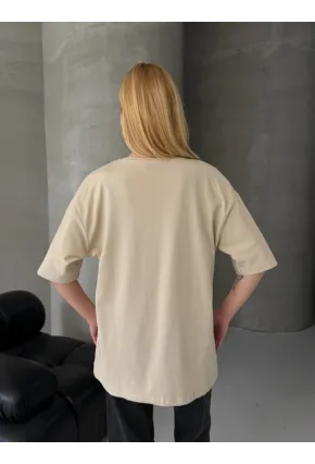 ONE Yazı Baskılı Oversize Kadın Tişört Bej