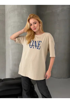 ONE Yazı Baskılı Oversize Kadın Tişört Bej