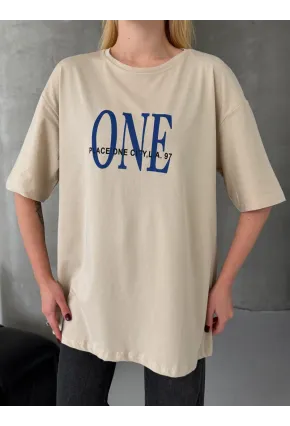 ONE Yazı Baskılı Oversize Kadın Tişört Bej