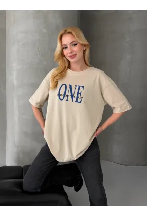 ONE Yazı Baskılı Oversize Kadın Tişört Bej