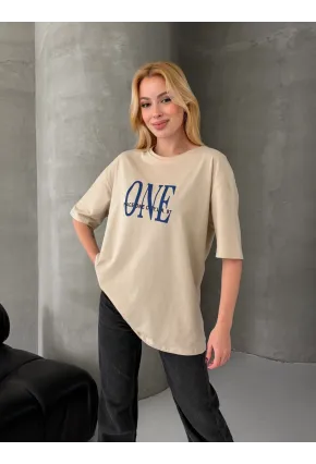 ONE Yazı Baskılı Oversize Kadın Tişört Bej