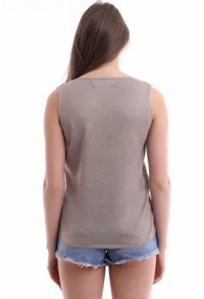 Önü Deri Arkası Triko Kolsuz Bluz Vizon