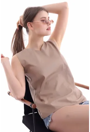 Önü Deri Arkası Triko Kolsuz Bluz Vizon