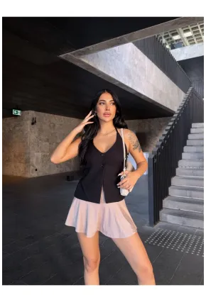 Önü Düğmeli Boyundan Bağlamalı Siyah Bluz