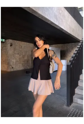 Önü Düğmeli Boyundan Bağlamalı Siyah Bluz