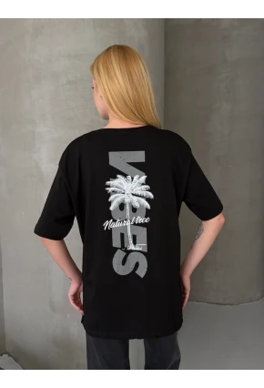 Palmiye Baskılı Sırt Baskı Detay Oversize Kadın Tişört – Siyah