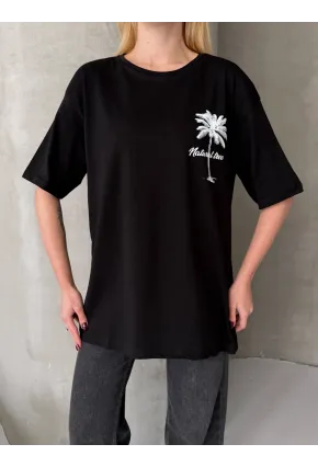 Palmiye Baskılı Sırt Baskı Detay Oversize Kadın Tişört – Siyah