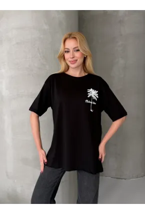 Palmiye Baskılı Sırt Baskı Detay Oversize Kadın Tişört – Siyah