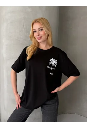 Palmiye Baskılı Sırt Baskı Detay Oversize Kadın Tişört – Siyah
