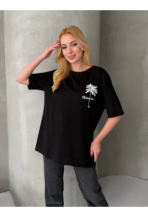 Palmiye Baskılı Sırt Baskı Detay Oversize Kadın Tişört – Siyah