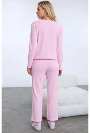 Pamuklu Dantel ve Fiyonk Detaylı Fitilli Örme Pijama Takımı