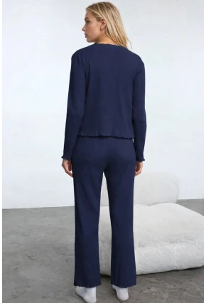 Pamuklu Dantel ve Fiyonk Detaylı Fitilli Örme Pijama Takımı