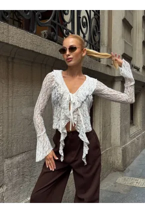 Pervazlı Dantel Kumaş Beyaz Bluz