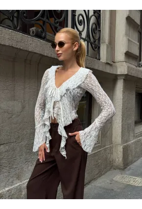 Pervazlı Dantel Kumaş Beyaz Bluz