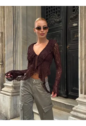Pervazlı Dantel Kumaş Kahve Bluz