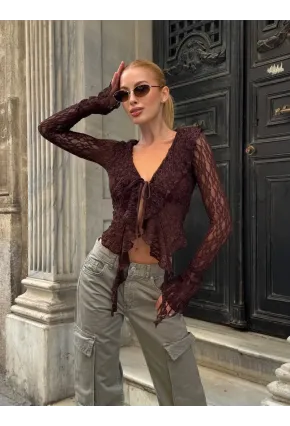 Pervazlı Dantel Kumaş Kahve Bluz