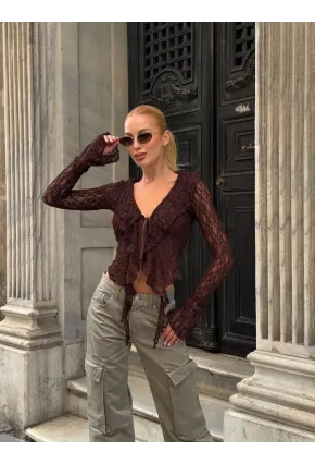 Pervazlı Dantel Kumaş Kahve Bluz