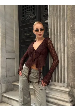 Pervazlı Dantel Kumaş Kahve Bluz