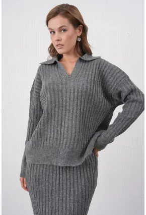 Polo Yaka Yarım Pat Örgü Detay Kazak Etek İkili Triko Takım