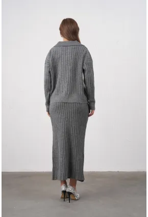 Polo Yaka Yarım Pat Örgü Detay Kazak Etek İkili Triko Takım