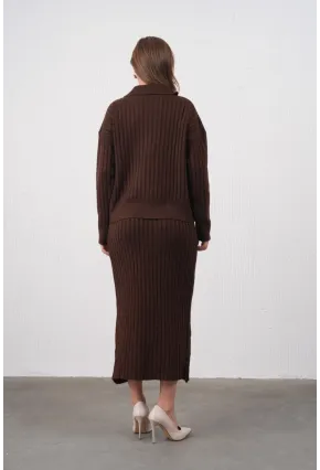 Polo Yaka Yarım Pat Örgü Detay Kazak Etek İkili Triko Takım