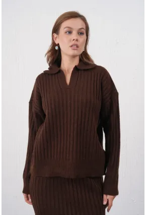 Polo Yaka Yarım Pat Örgü Detay Kazak Etek İkili Triko Takım