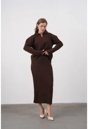 Polo Yaka Yarım Pat Örgü Detay Kazak Etek İkili Triko Takım