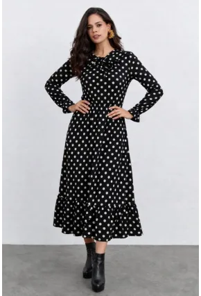 Puantiye Desenli Bağlama Detaylı Uzun Kol Midi Elbise – Siyah