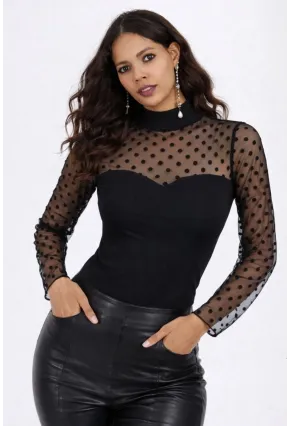 Puantiye Tül Detaylı Yarım Balıkçı Yaka Siyah Bluz