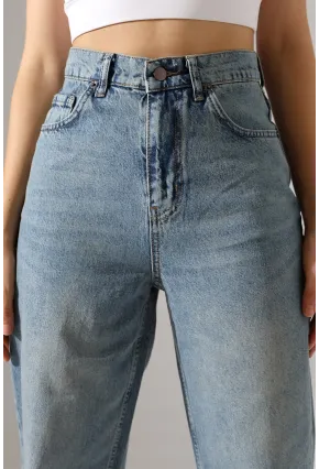 Rahat Kalıp Yüksek Bel Düz Paça Kot Pantolon