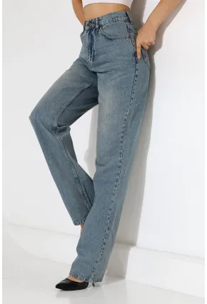 Rahat Kalıp Yüksek Bel Düz Paça Kot Pantolon