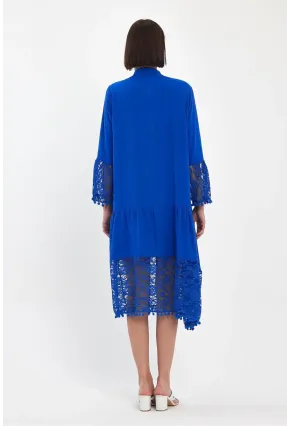 Saks Hakim Yaka Düğmeli Tül Detaylı Viskon Elbise