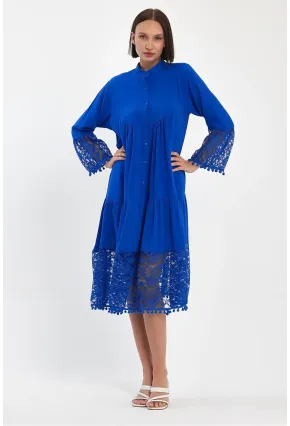 Saks Hakim Yaka Düğmeli Tül Detaylı Viskon Elbise