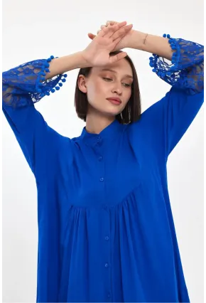 Saks Hakim Yaka Düğmeli Tül Detaylı Viskon Elbise