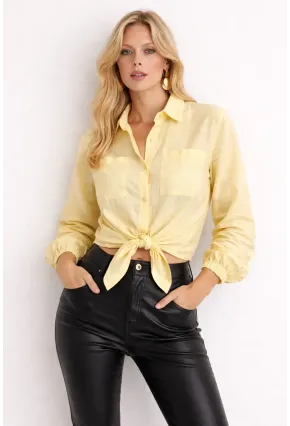 Sarı Bağlamalı Crop Gömlek – Lastikli Kol Detaylı Yazlık Kadın Gömlek