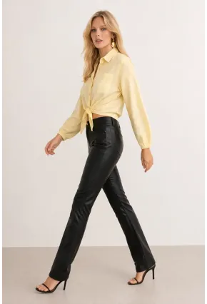 Sarı Bağlamalı Crop Gömlek – Lastikli Kol Detaylı Yazlık Kadın Gömlek