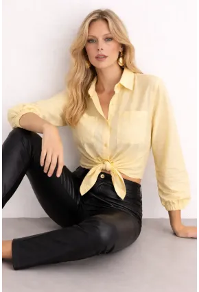 Sarı Bağlamalı Crop Gömlek – Lastikli Kol Detaylı Yazlık Kadın Gömlek