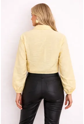 Sarı Bağlamalı Crop Gömlek – Lastikli Kol Detaylı Yazlık Kadın Gömlek