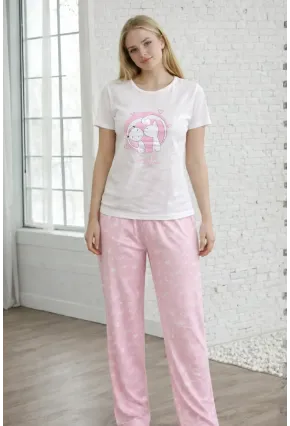 Sevimli Kedi Baskılı Pamuklu Kadın Pijama Takımı – Love Desenli Alt