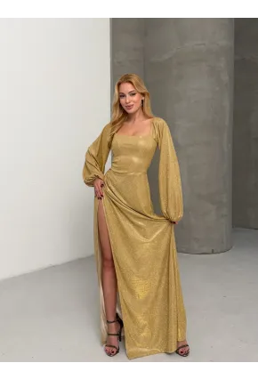 Simli Kumaş Sırt Detay Yırtmaçlı Maxi Boy Elbise Sarı