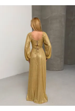 Simli Kumaş Sırt Detay Yırtmaçlı Maxi Boy Elbise Sarı