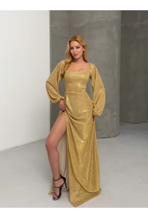 Simli Kumaş Sırt Detay Yırtmaçlı Maxi Boy Elbise Sarı