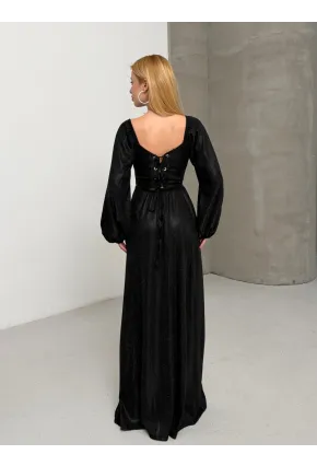 Simli Kumaş Sırt Detay Yırtmaçlı Maxi Boy Elbise Siyah