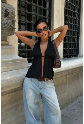 Sırtı Bağcıklı Boyundan Askılı Dekolte Bluz Siyah