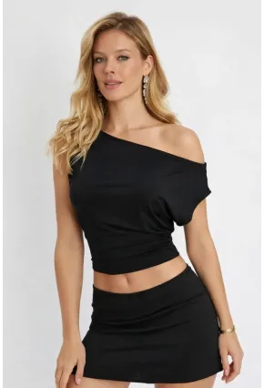 Siyah Asimetrik Yaka Drapeli Crop Bluz