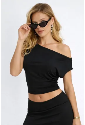 Siyah Asimetrik Yaka Drapeli Crop Bluz