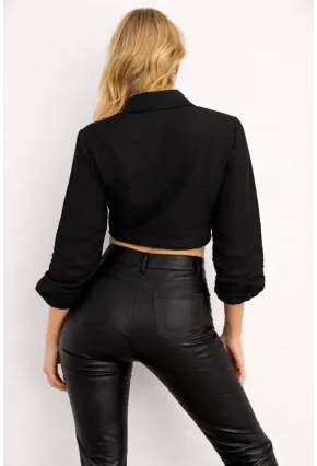 Siyah Bağlamalı Crop Gömlek – Lastikli Kol Detaylı Yazlık Kadın Gömlek