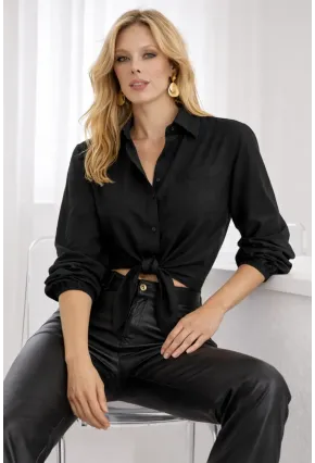 Siyah Bağlamalı Crop Gömlek – Lastikli Kol Detaylı Yazlık Kadın Gömlek
